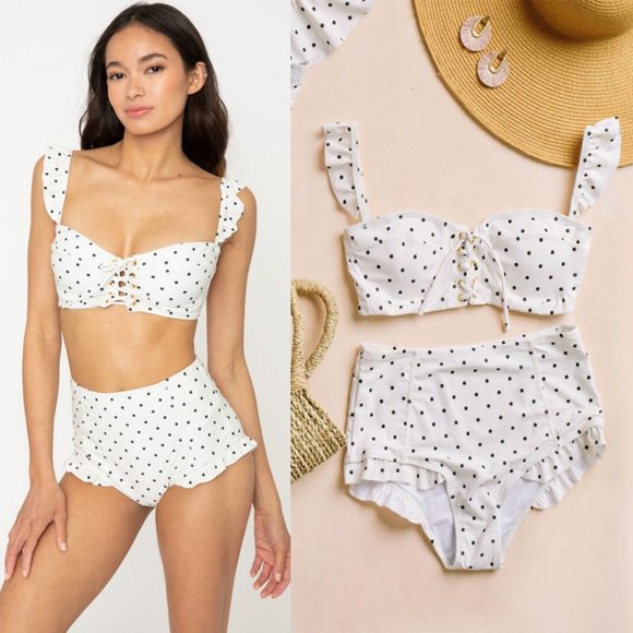 NEW Polka Dot Ruffle RETRO High Waist Bikini Set - Picture 1 of 12